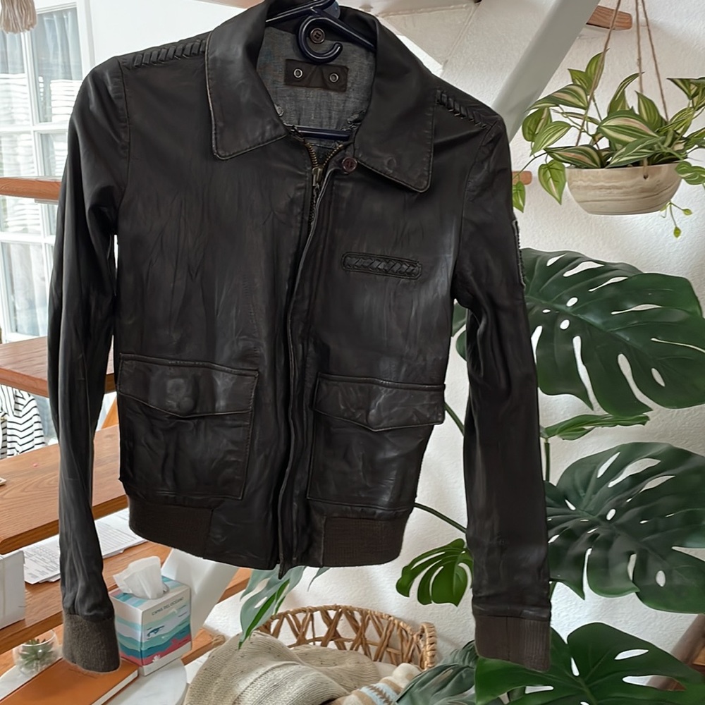 Robin’s Jeans leather bomber jacket in vintage brown
